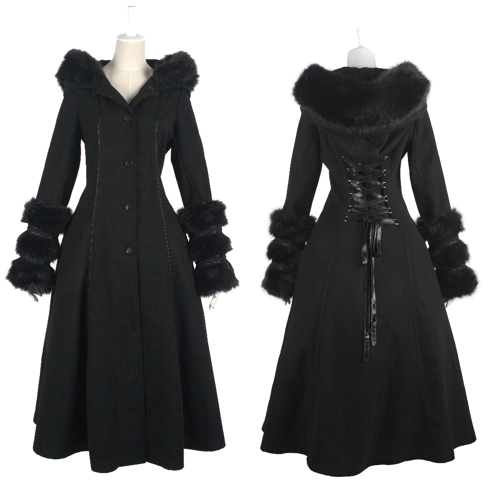 US SALE of Elegant Hooded Coat with Lace-Up Back and Fur Cuffs