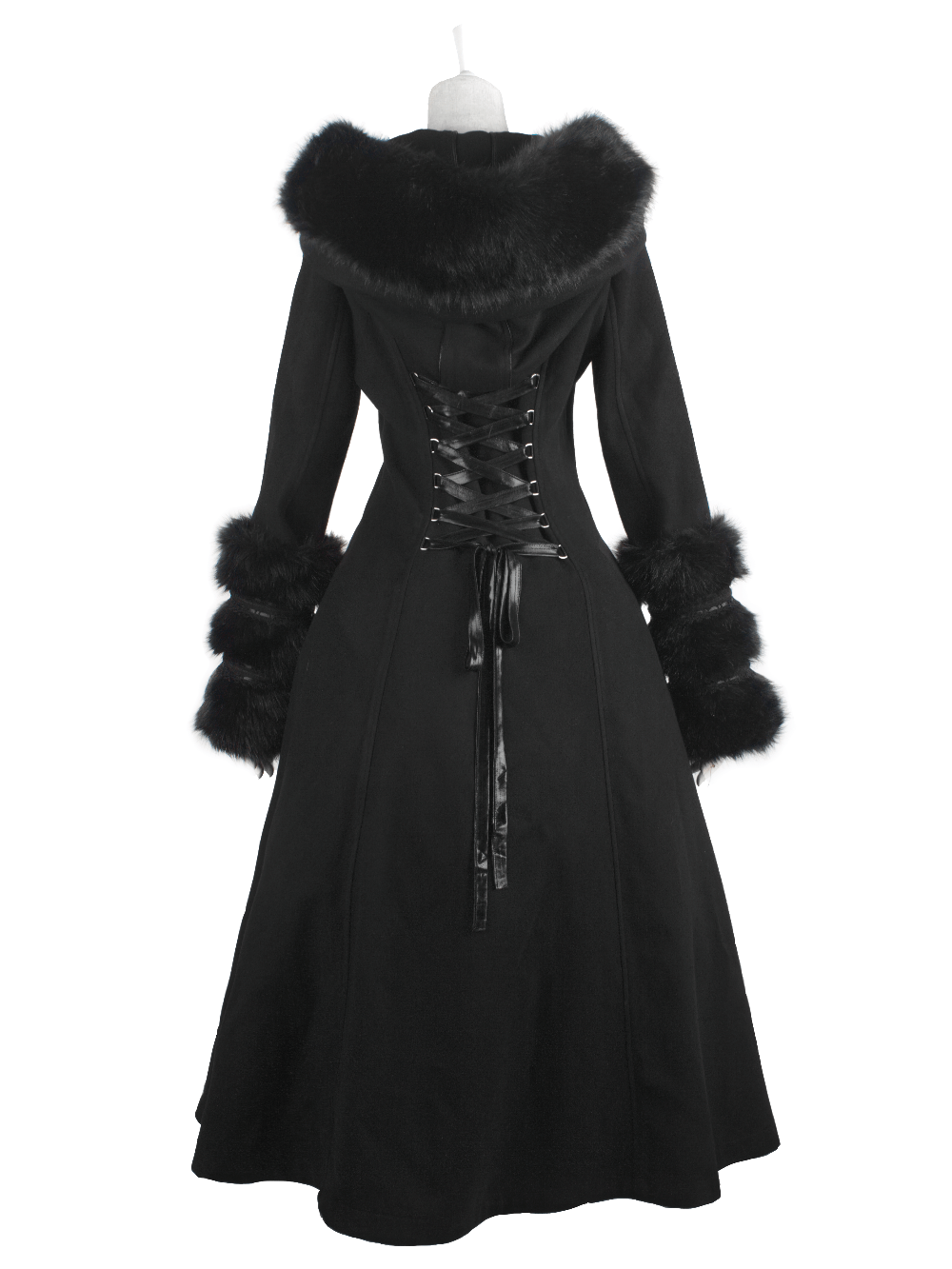 US SALE of Elegant Hooded Coat with Lace-Up Back and Fur Cuffs