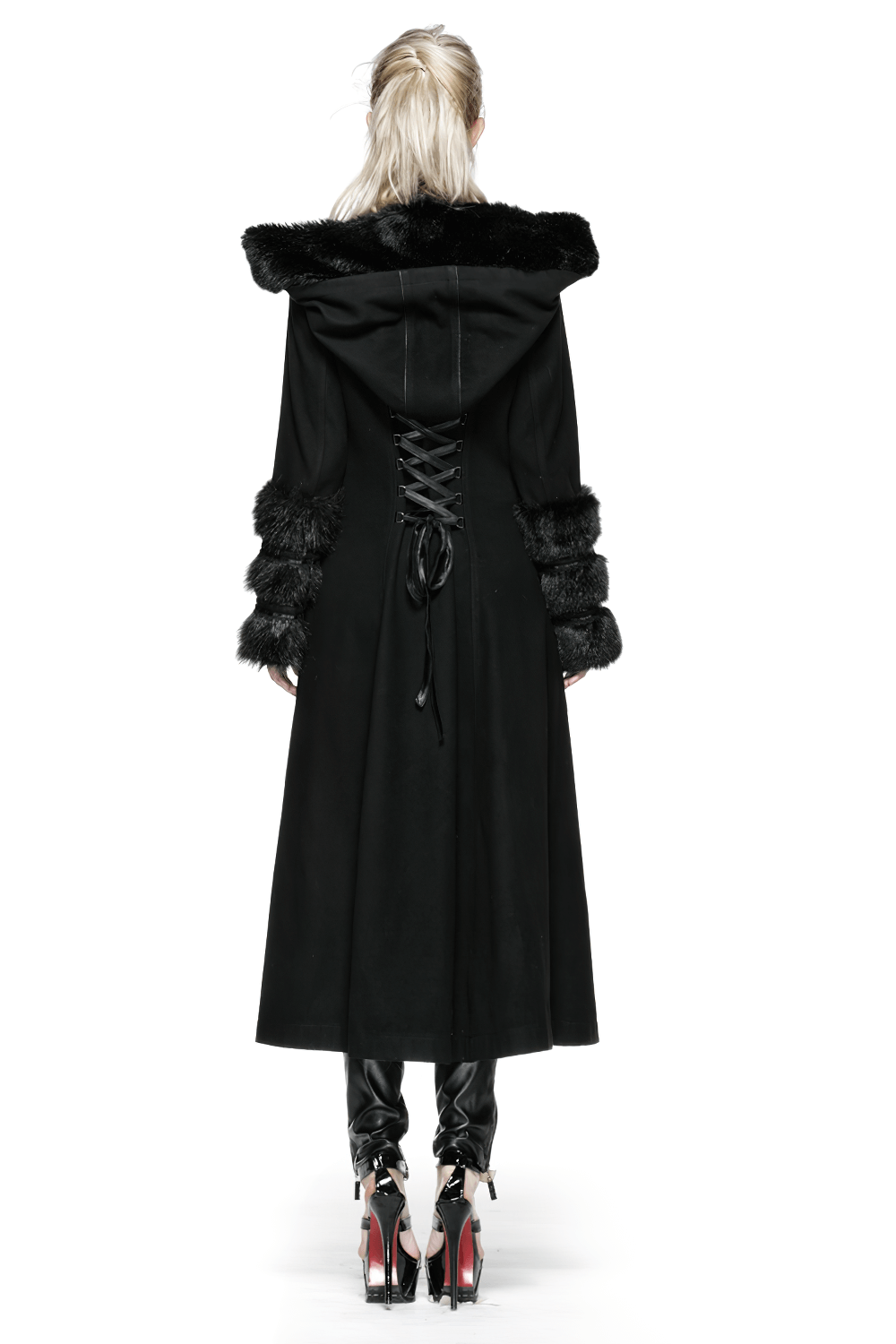 US SALE of Elegant Hooded Coat with Lace-Up Back and Fur Cuffs