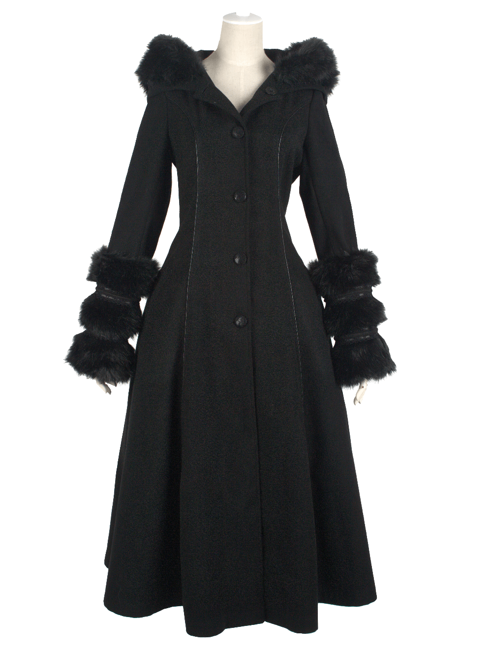 US SALE of Elegant Hooded Coat with Lace-Up Back and Fur Cuffs