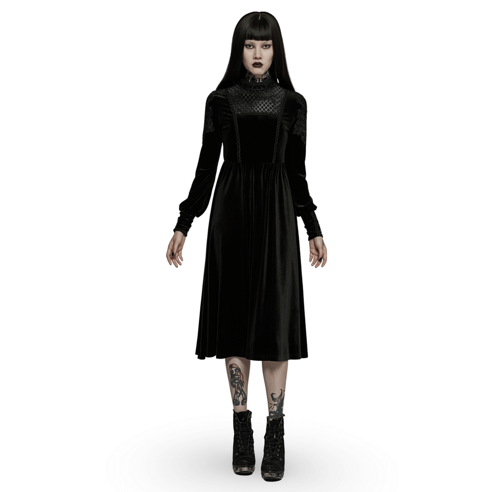 Elegant Lace-Collar Velvet Gothic Dress With Zipper in the Back