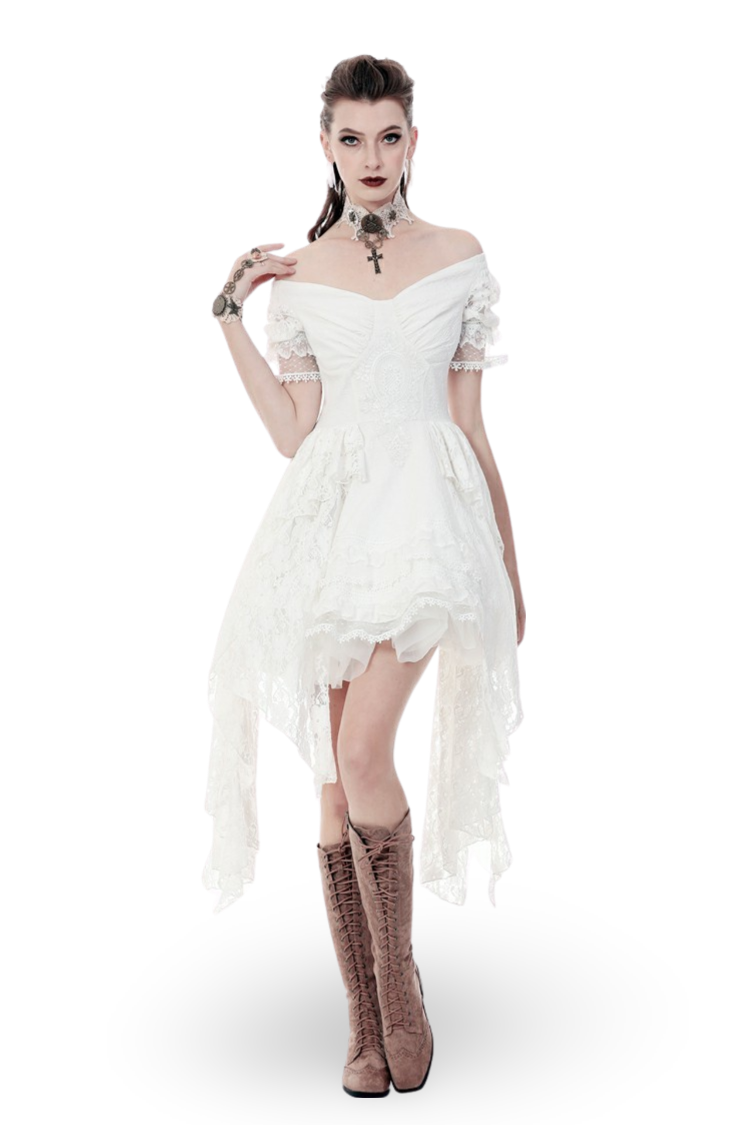 UK SALE of Elegant Lace Off-Shoulder Dress with Asymmetrical Hem