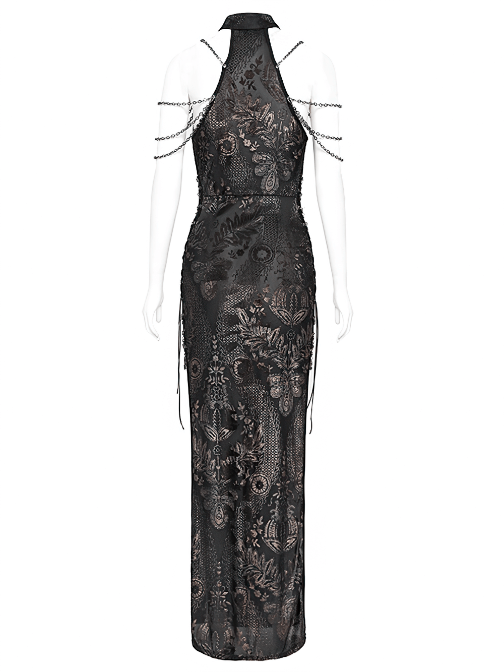 Elegant Long Gothic Lace Dress with Chain Detail
