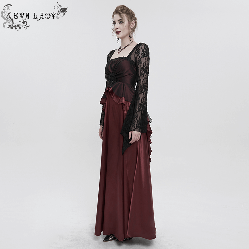 Elegant Long Trumpet Black Lace Sleeves Wine Red Dress / Women's Square Neck and Appliqued Dress