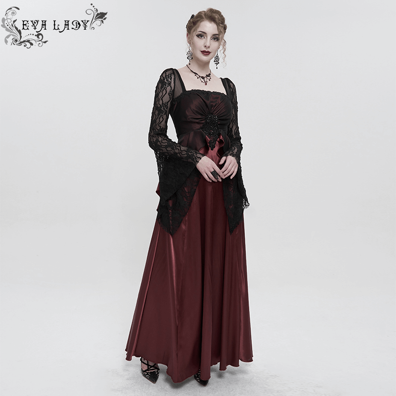 Elegant Long Trumpet Black Lace Sleeves Wine Red Dress / Women's Square Neck and Appliqued Dress