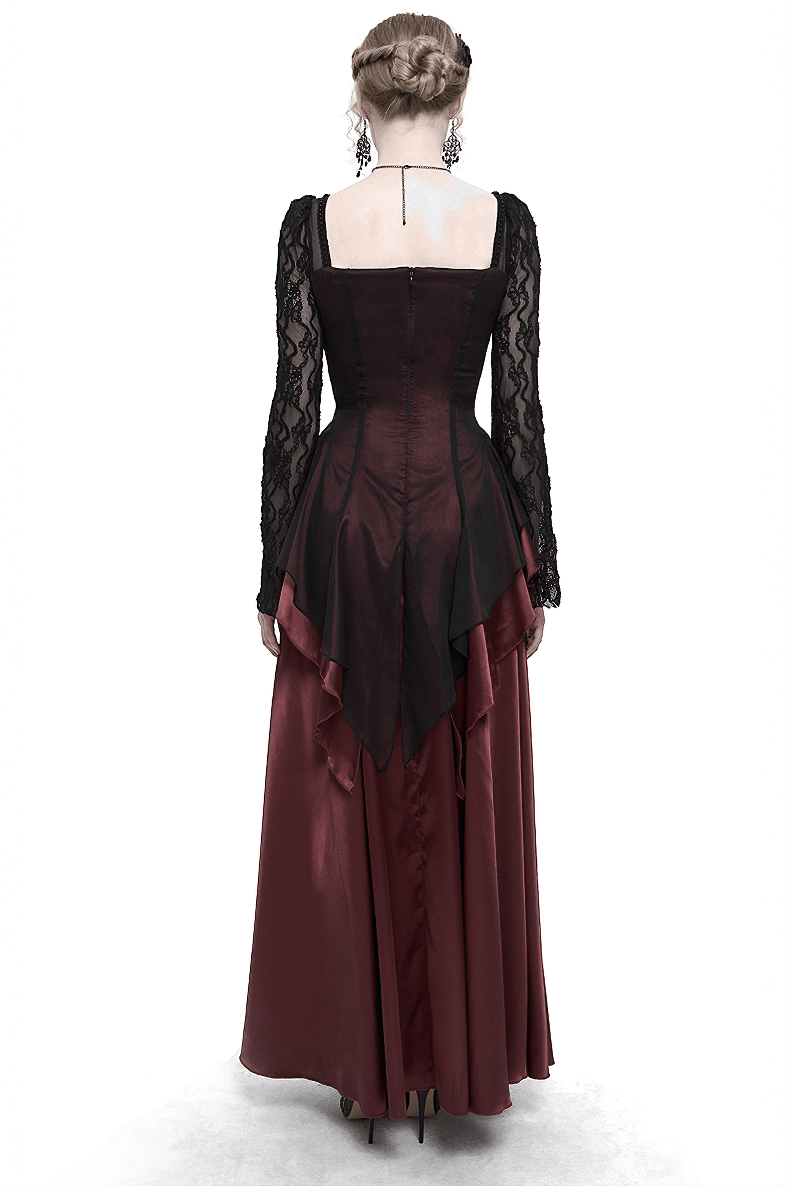 Elegant Long Trumpet Black Lace Sleeves Wine Red Dress / Women's Square Neck and Appliqued Dress