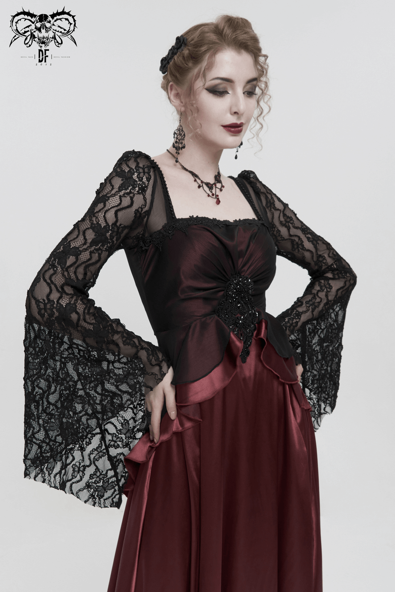 Elegant Long Trumpet Black Lace Sleeves Wine Red Dress / Women's Square Neck and Appliqued Dress