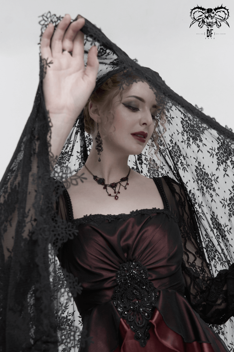 Elegant Long Trumpet Black Lace Sleeves Wine Red Dress / Women's Square Neck and Appliqued Dress