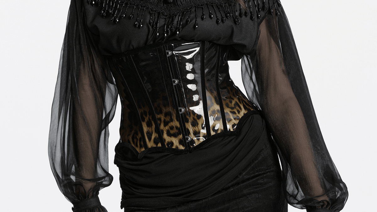 Elegant Patent Leather Leopard Print Waist Cincher Corset