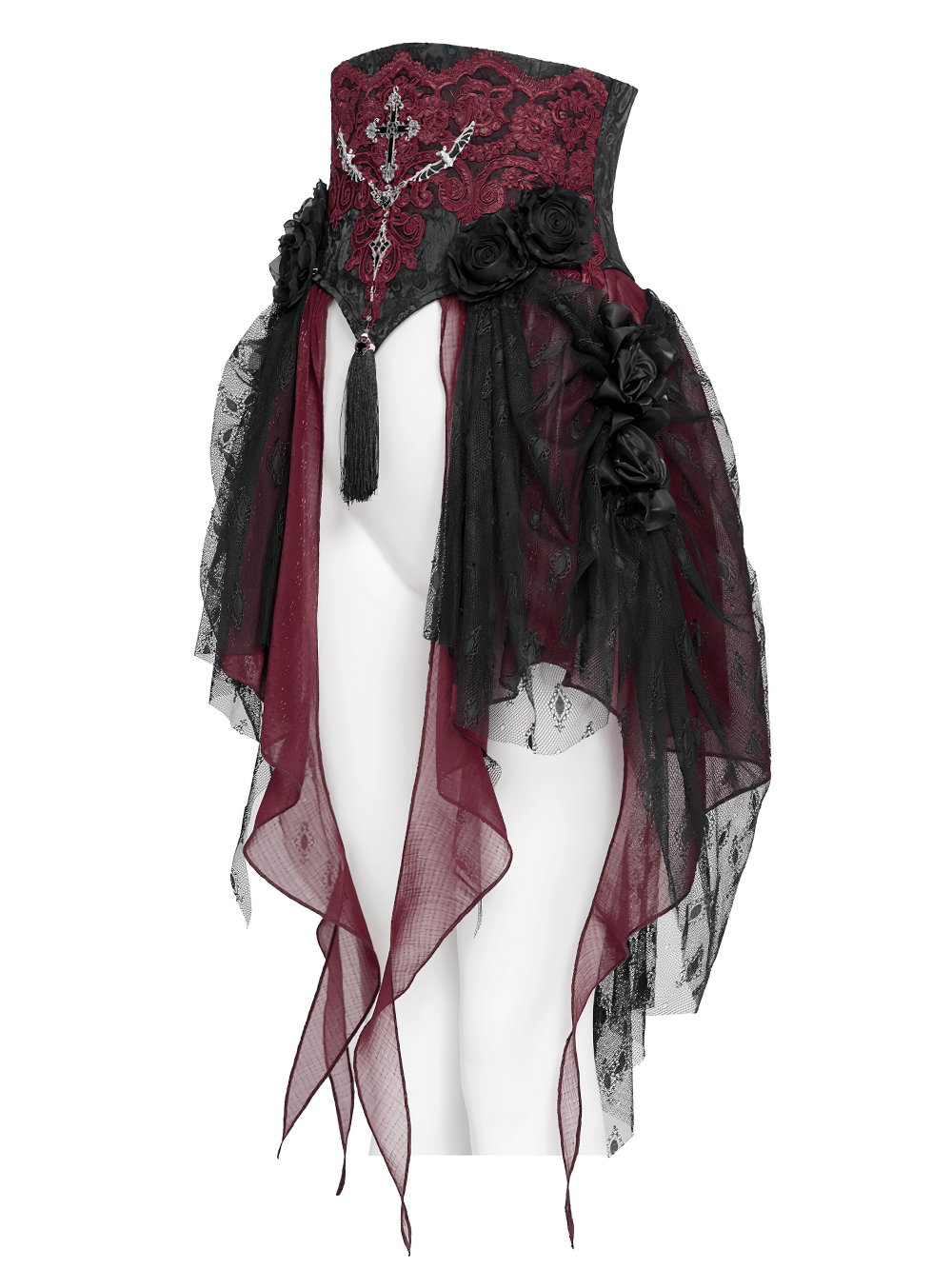 Elegant Red-Black Gothic Lace Corset Belt with Overskirt