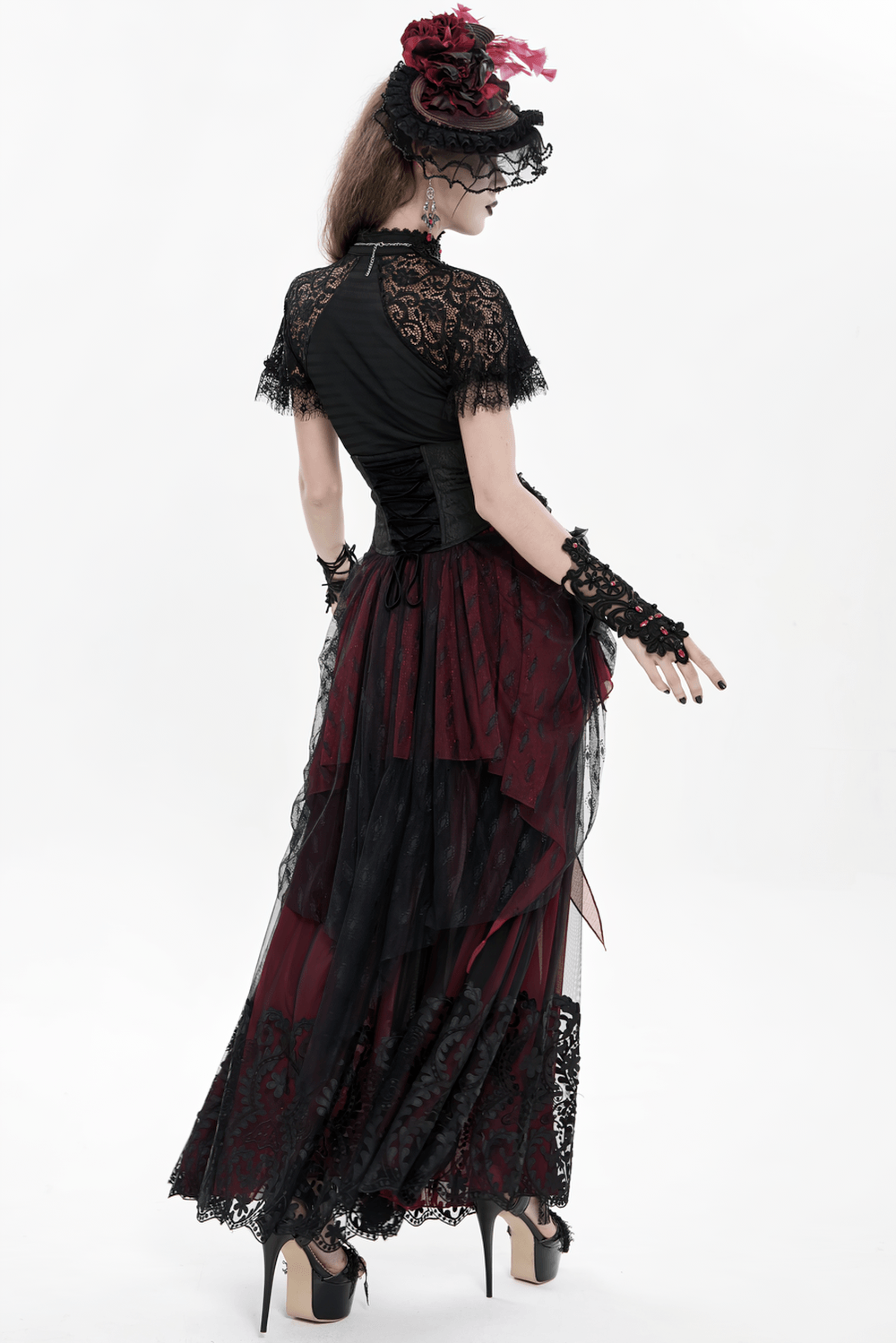 Elegant Red-Black Gothic Lace Corset Belt with Overskirt