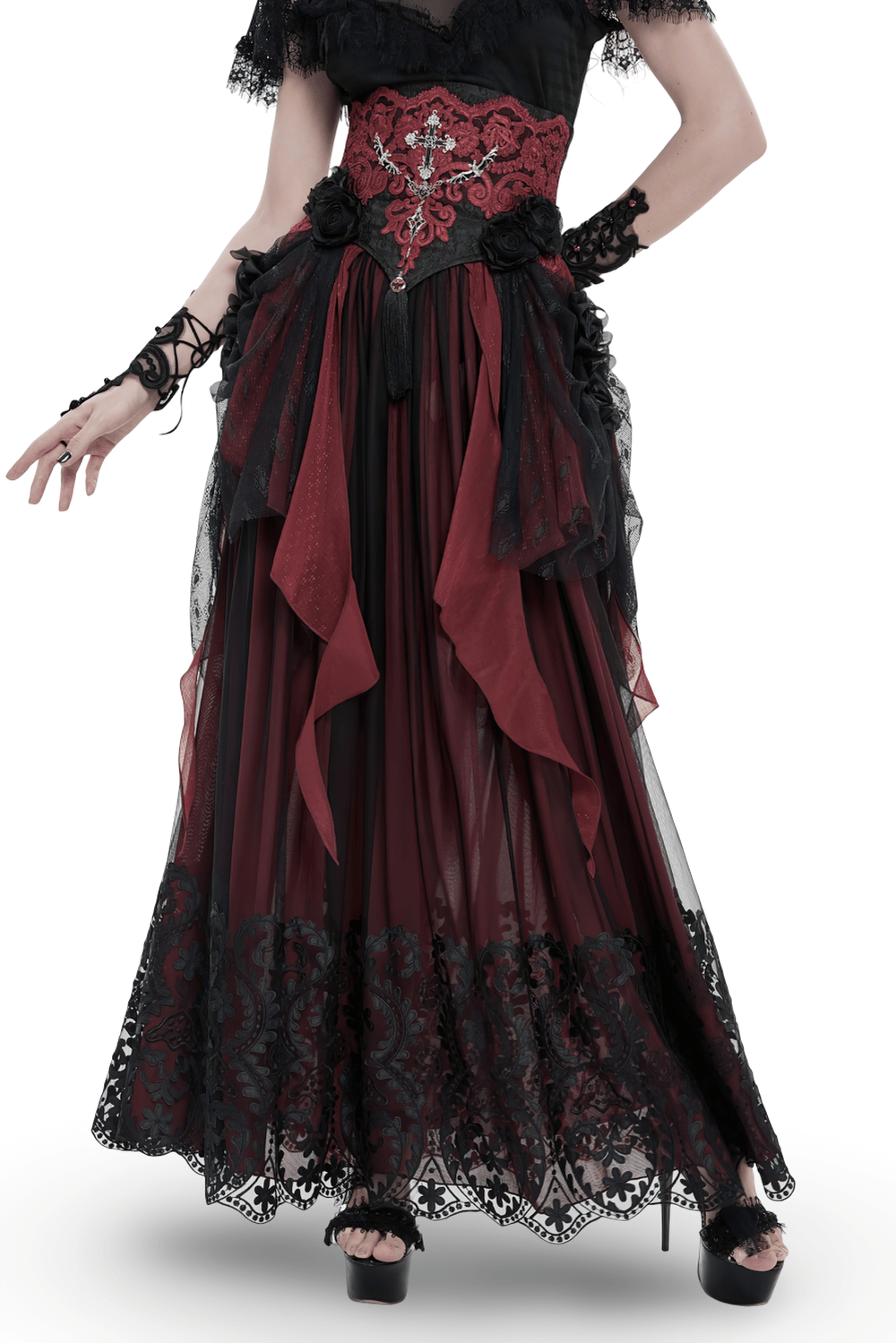 Elegant Red-Black Gothic Lace Corset Belt with Overskirt