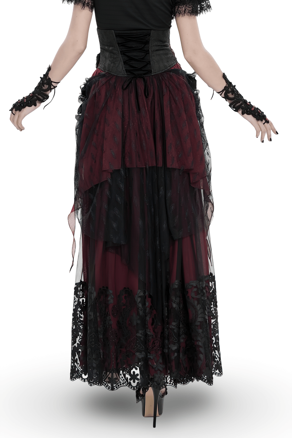 Elegant Red-Black Gothic Lace Corset Belt with Overskirt