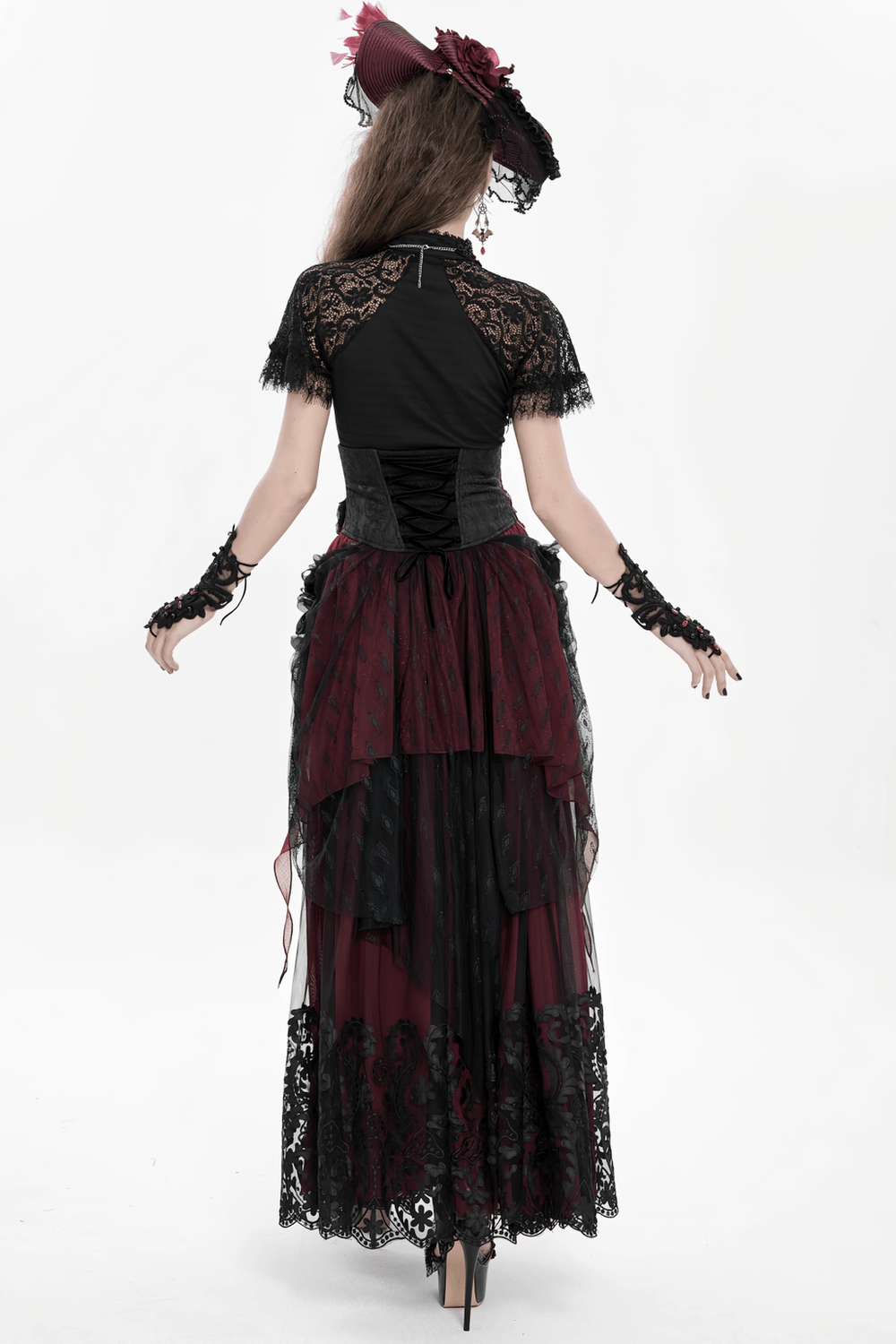 Elegant Red-Black Gothic Lace Corset Belt with Overskirt