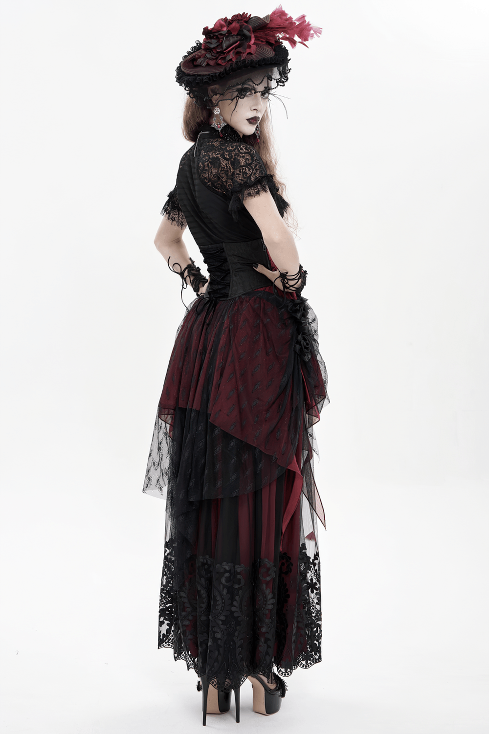 Elegant Red-Black Gothic Lace Corset Belt with Overskirt