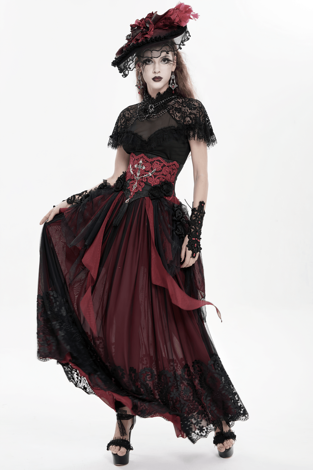 Elegant Red-Black Gothic Lace Corset Belt with Overskirt