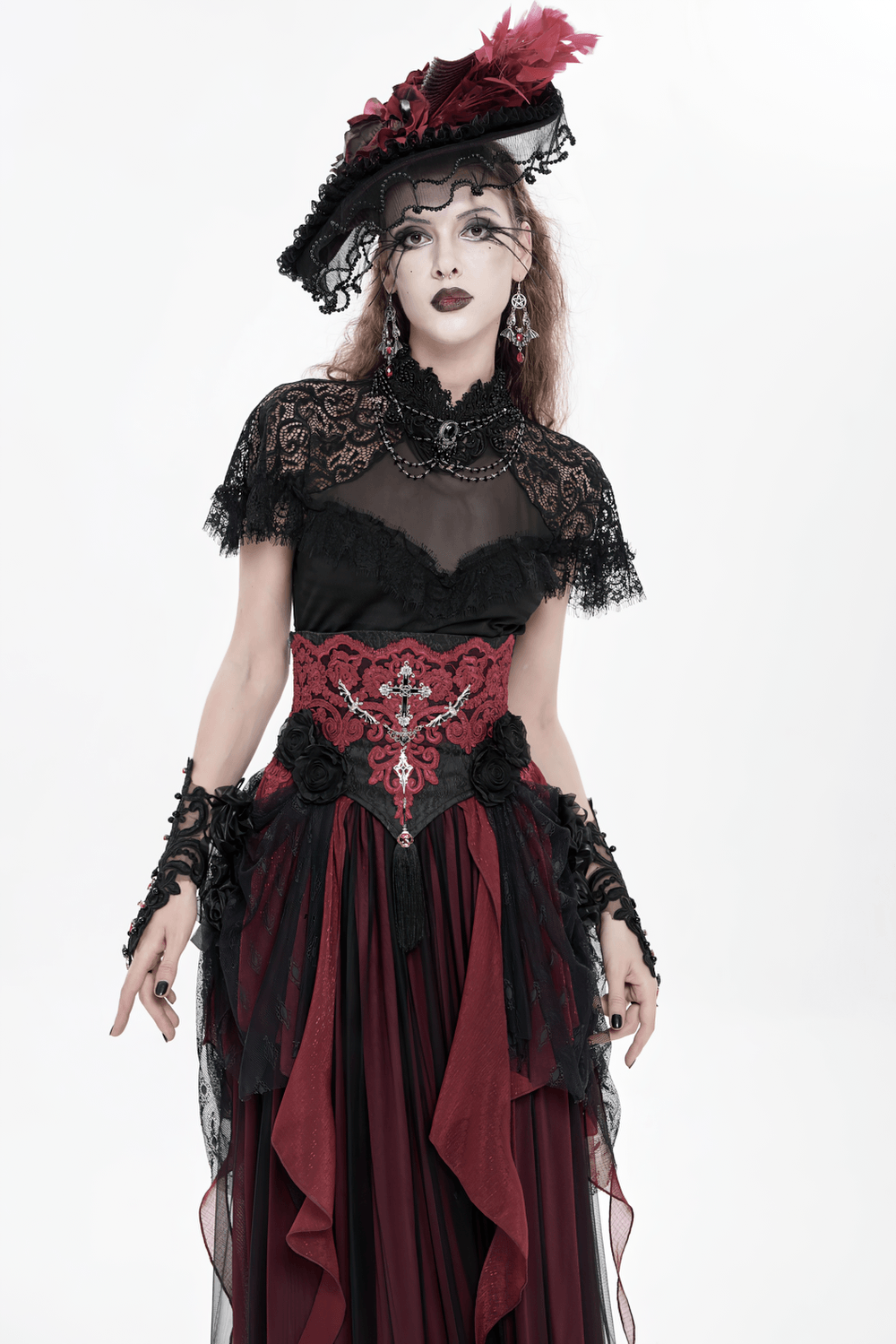 Elegant Red-Black Gothic Lace Corset Belt with Overskirt