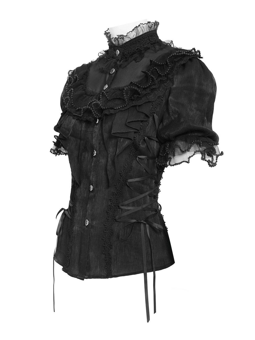 Elegant Ruffle Blouse with Sheer Yoke and Lace-Up Sides