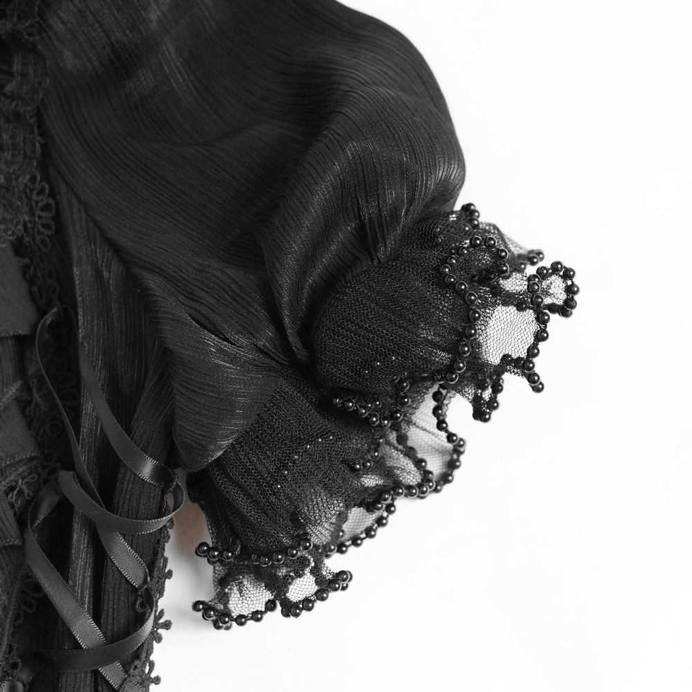 Elegant Ruffle Blouse with Sheer Yoke and Lace-Up Sides