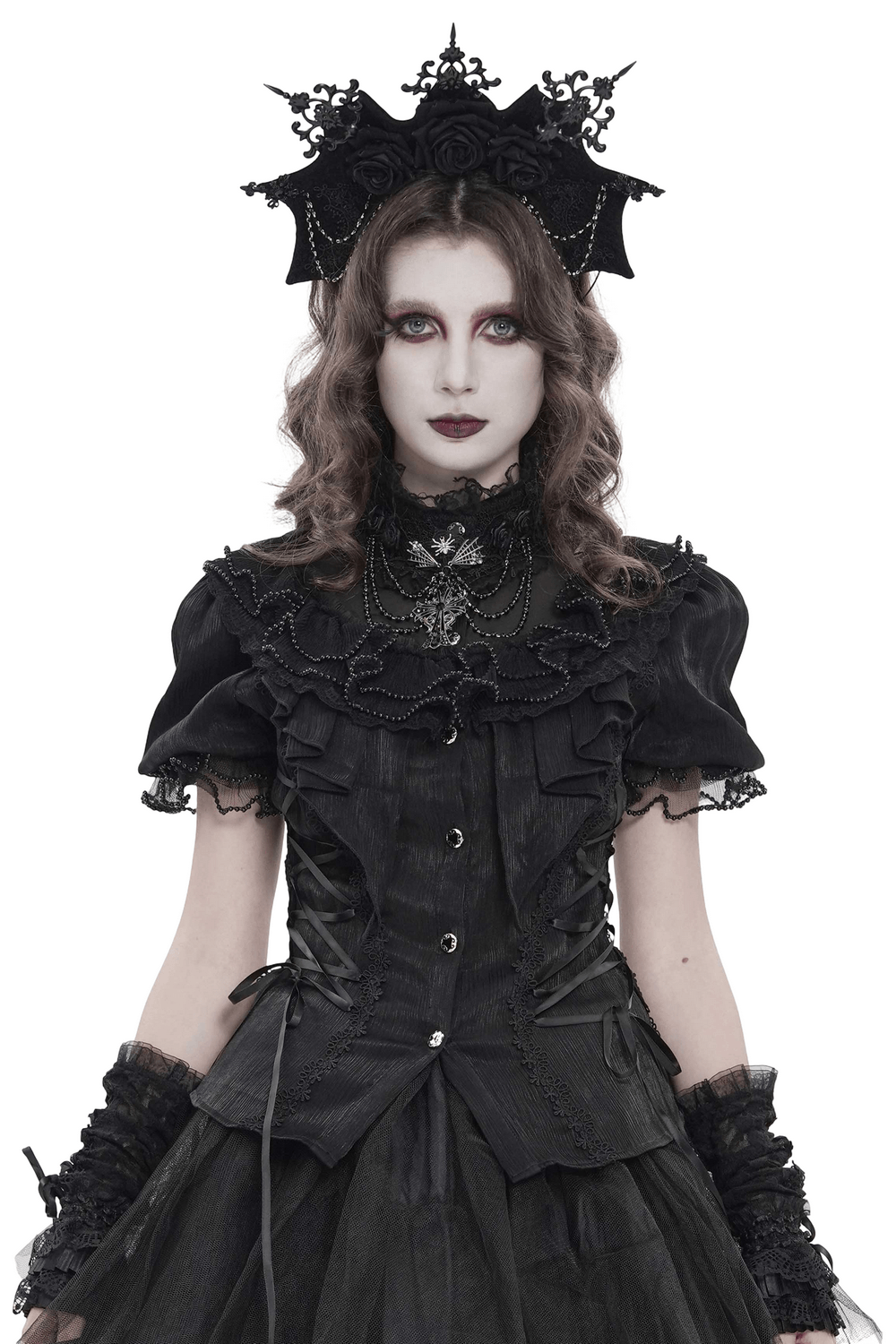 Elegant Ruffle Blouse with Sheer Yoke and Lace-Up Sides