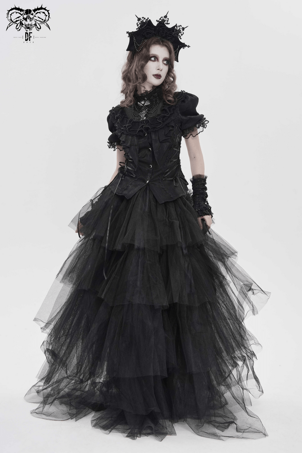 Elegant Ruffle Blouse with Sheer Yoke and Lace-Up Sides