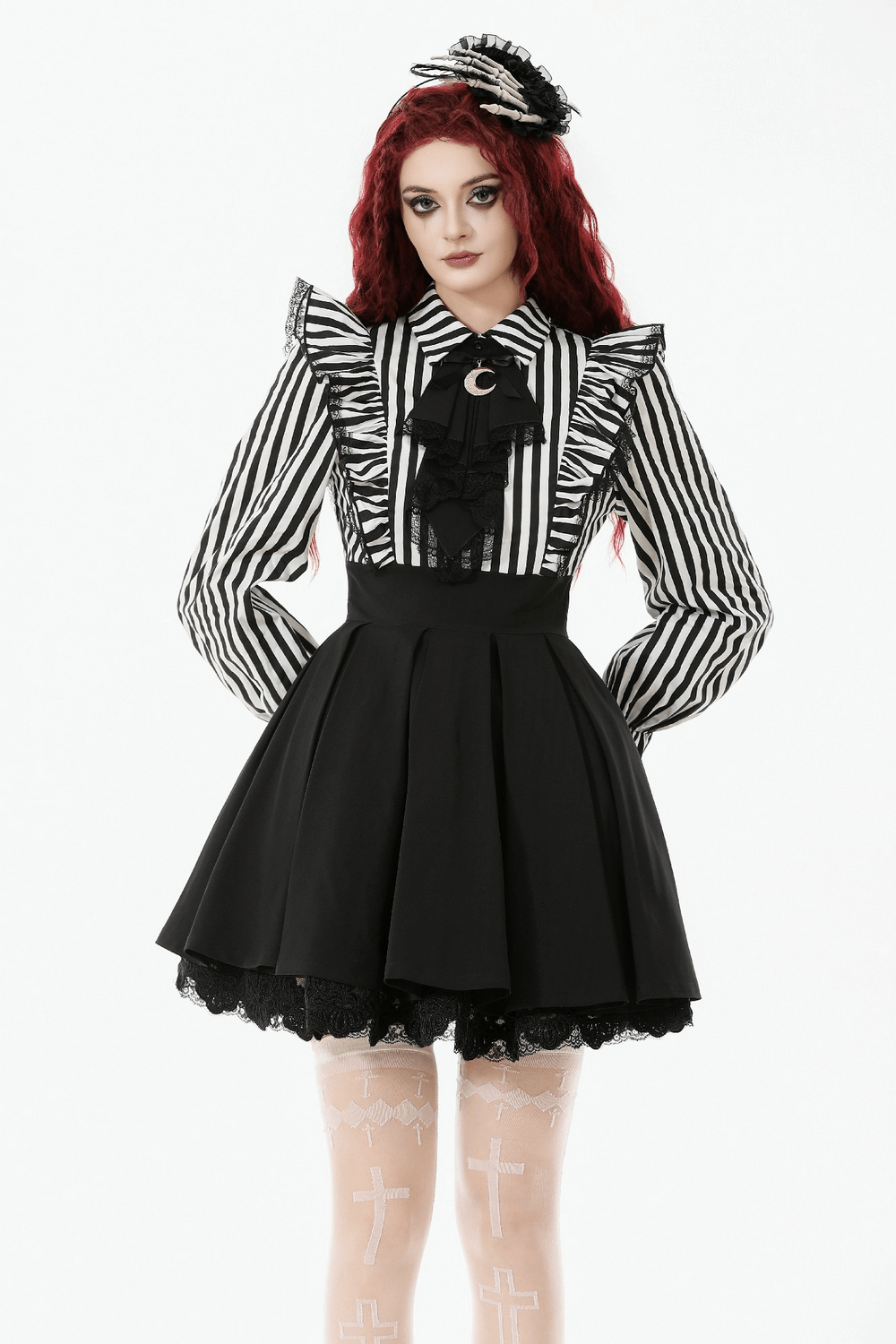 Elegant Striped Dress with Ruffle Sleeves and Moon Detail
