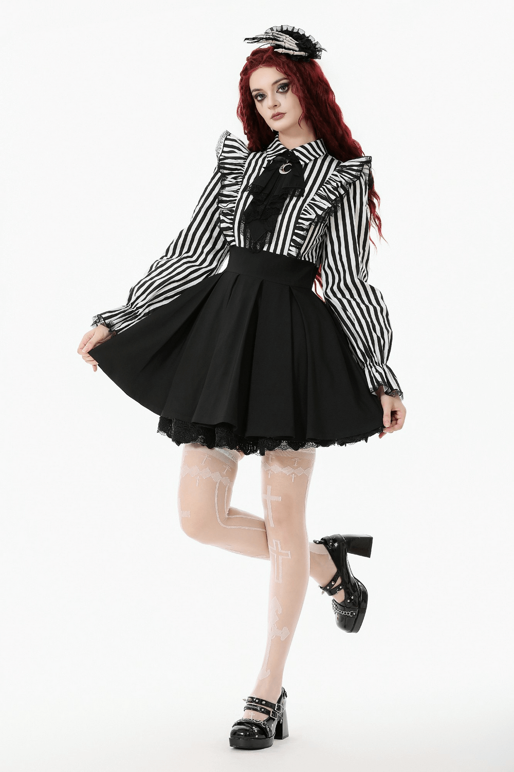 Elegant Striped Dress with Ruffle Sleeves and Moon Detail