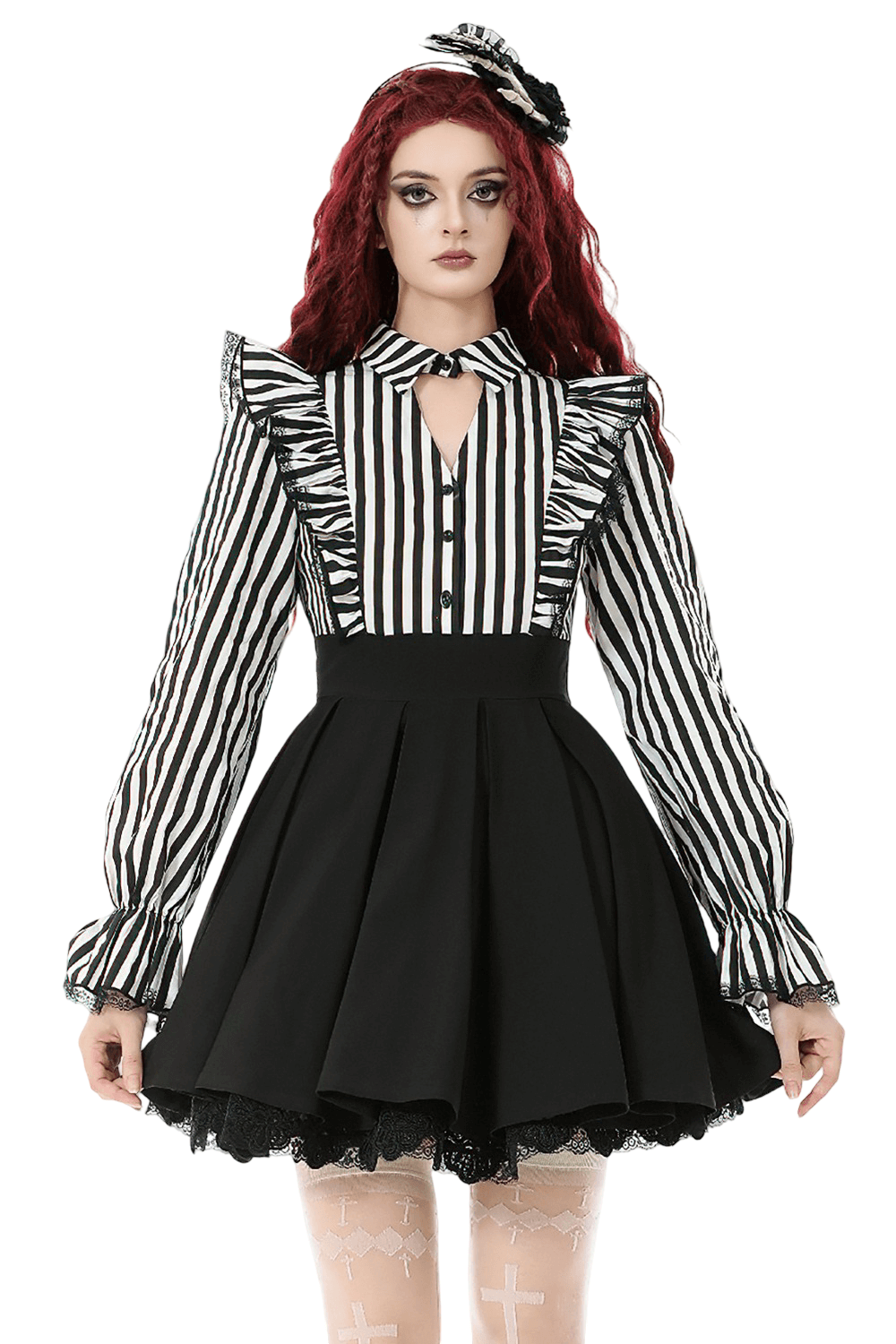 Elegant Striped Dress with Ruffle Sleeves and Moon Detail