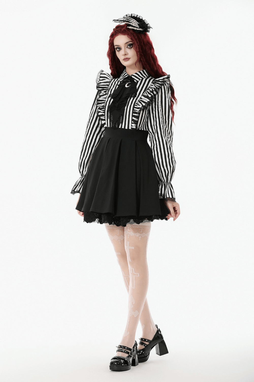 Elegant Striped Dress with Ruffle Sleeves and Moon Detail