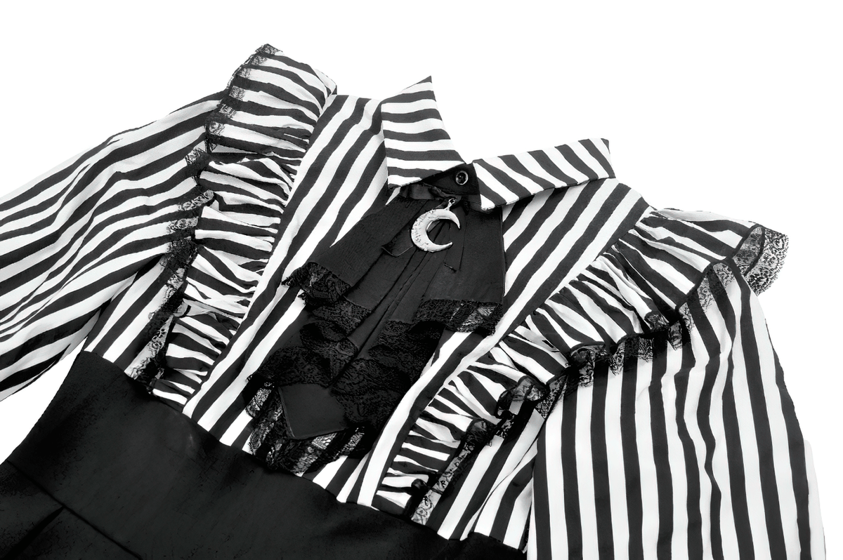 Elegant Striped Dress with Ruffle Sleeves and Moon Detail