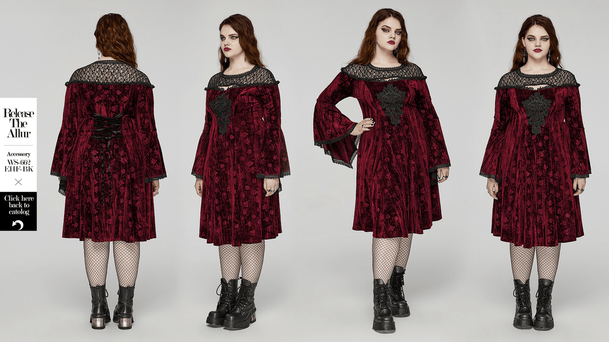 Elegant Velvet Rose Mesh Dress with Trumpet Sleeves