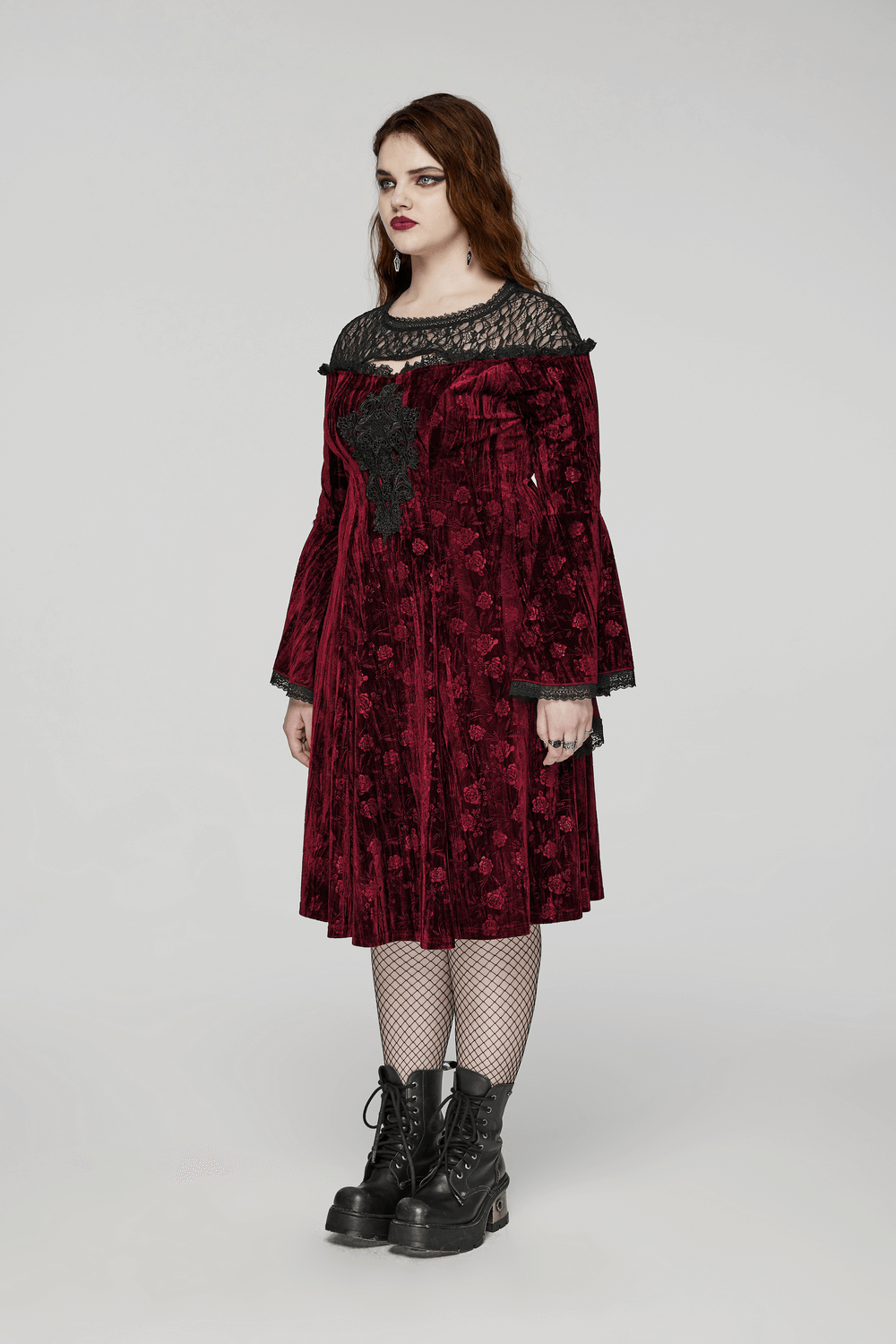 Elegant Velvet Rose Mesh Dress with Trumpet Sleeves