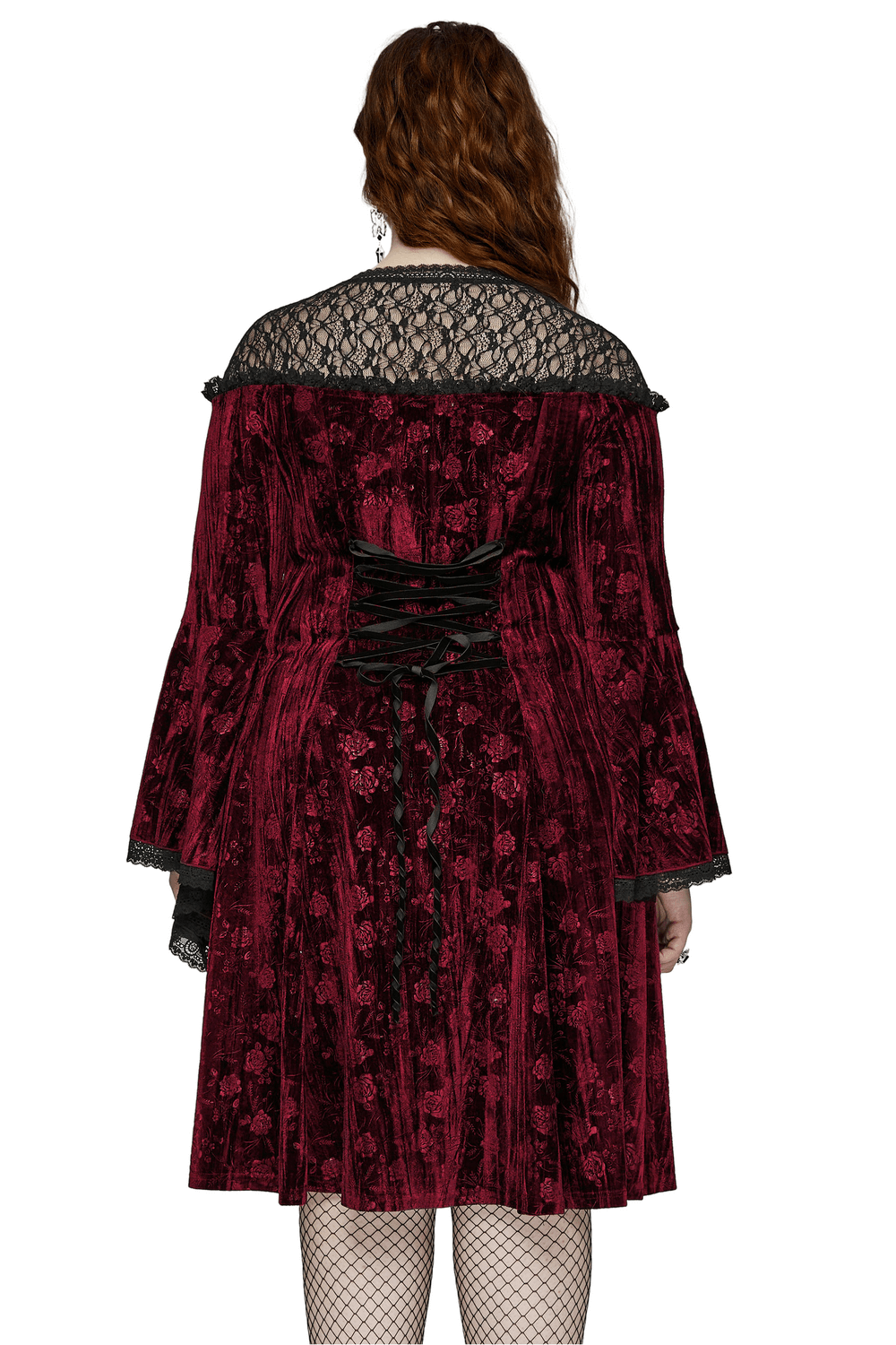 Elegant Velvet Rose Mesh Dress with Trumpet Sleeves