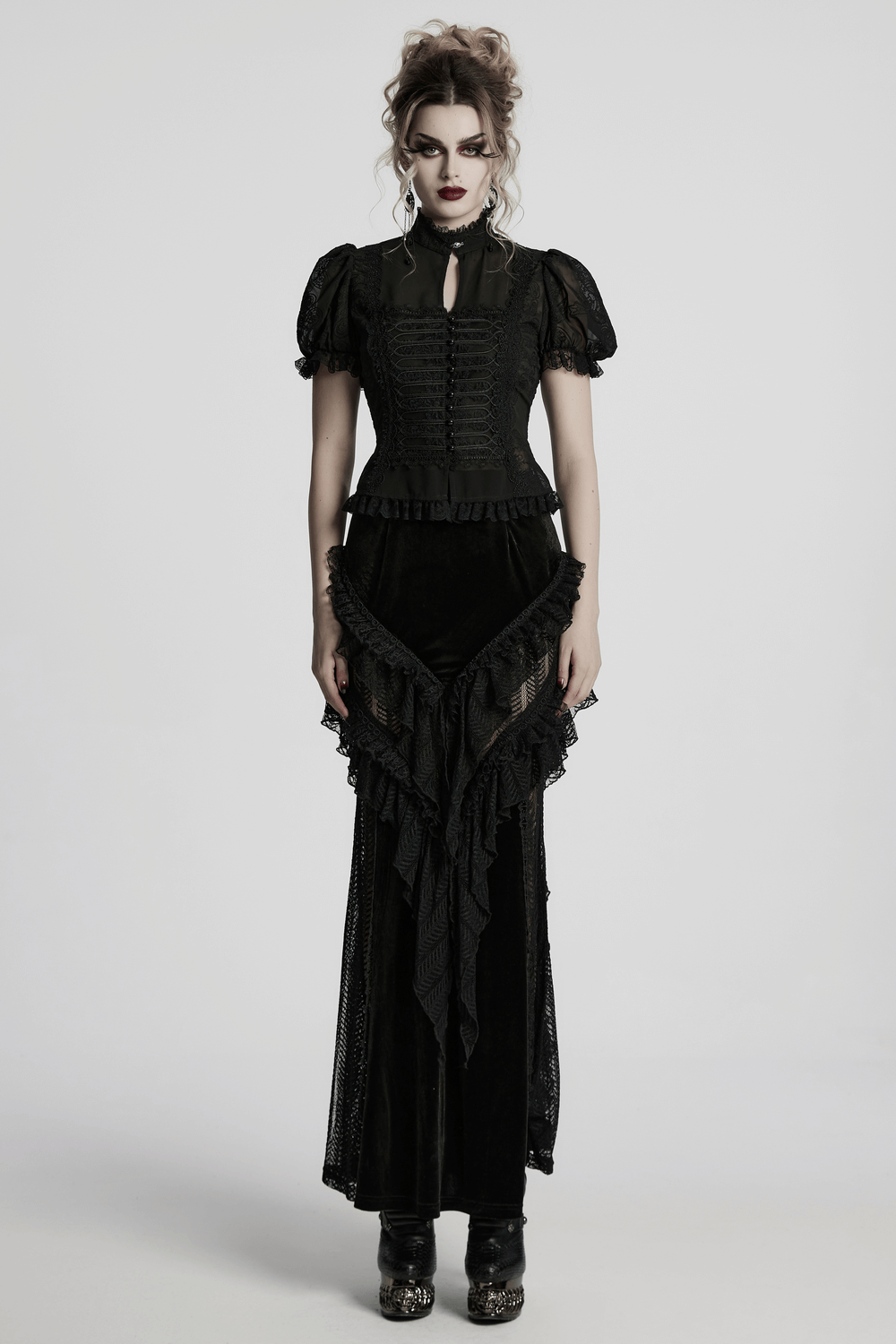Elegant Victorian Black Lace Chiffon Corset Blouse
