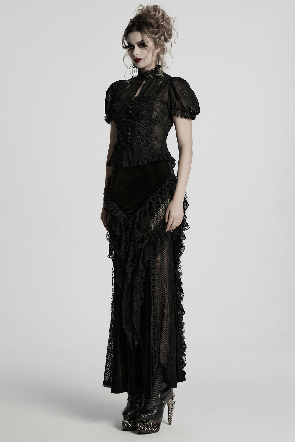 Elegant Victorian Black Lace Chiffon Corset Blouse