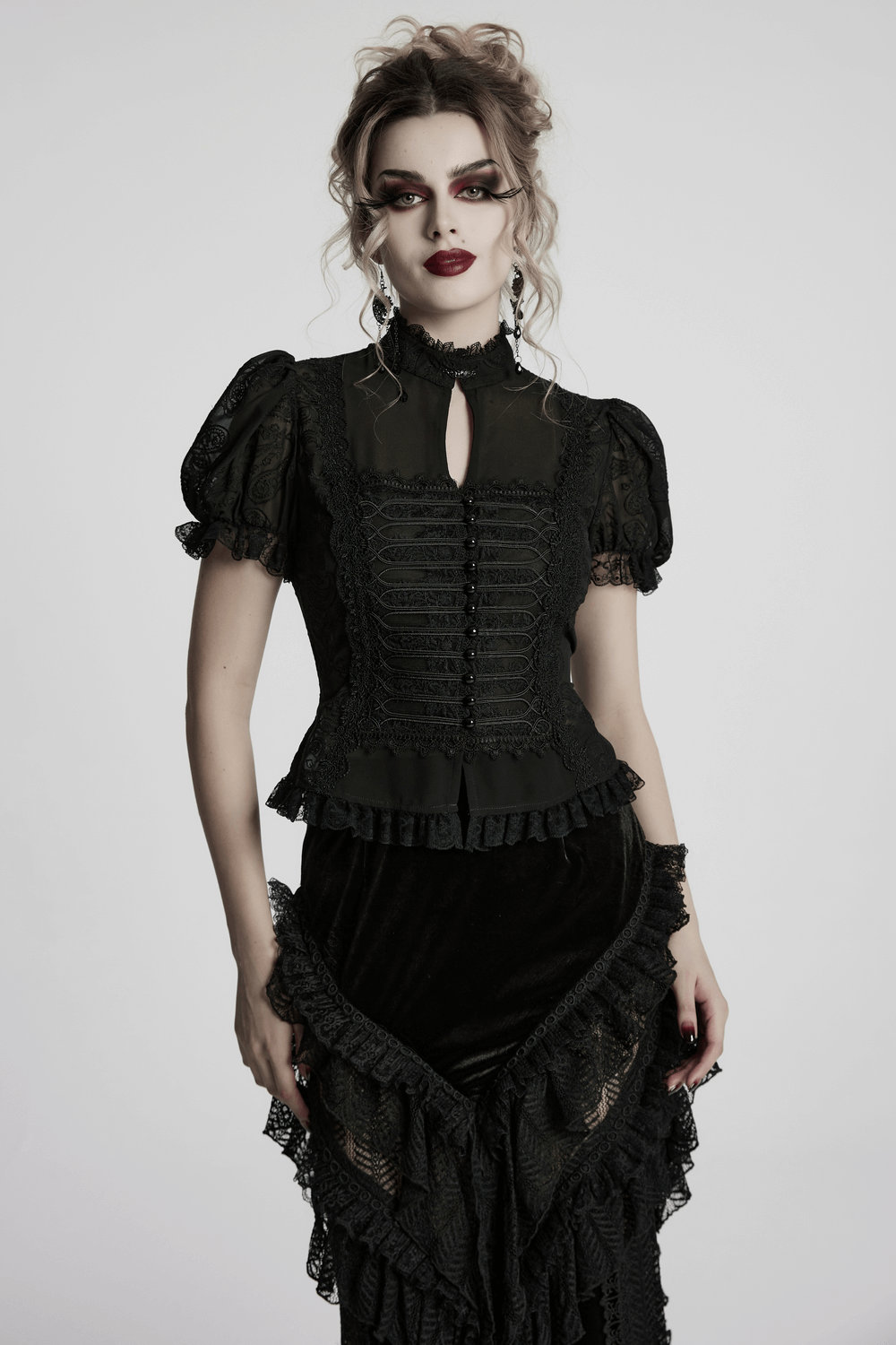 Elegant Victorian Black Lace Chiffon Corset Blouse