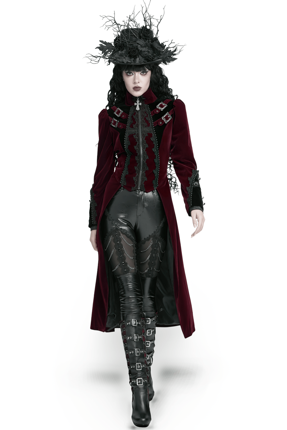 Elegant Victorian Burgundy Velvet Tailcoat with Lace