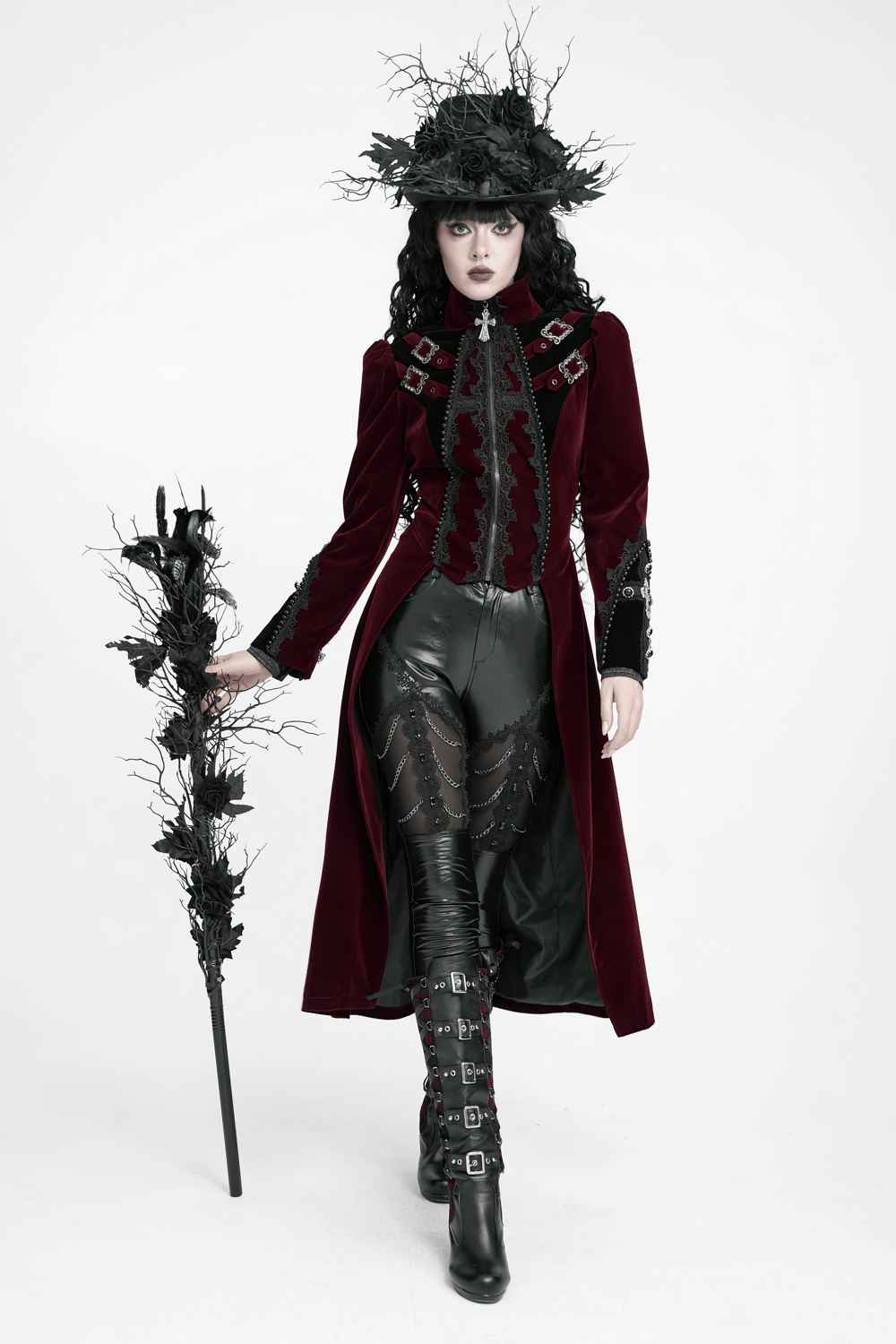 Elegant Victorian Burgundy Velvet Tailcoat with Lace