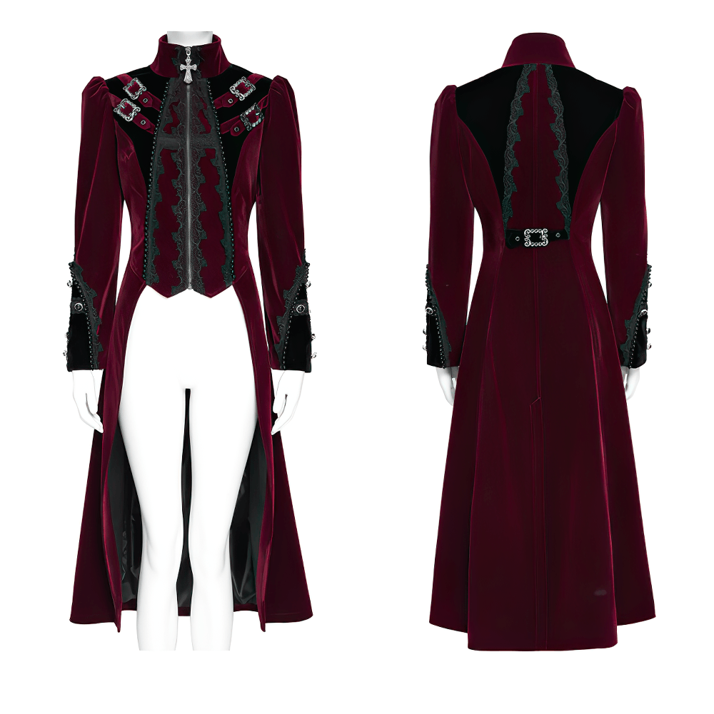 Elegant Victorian Burgundy Velvet Tailcoat with Lace