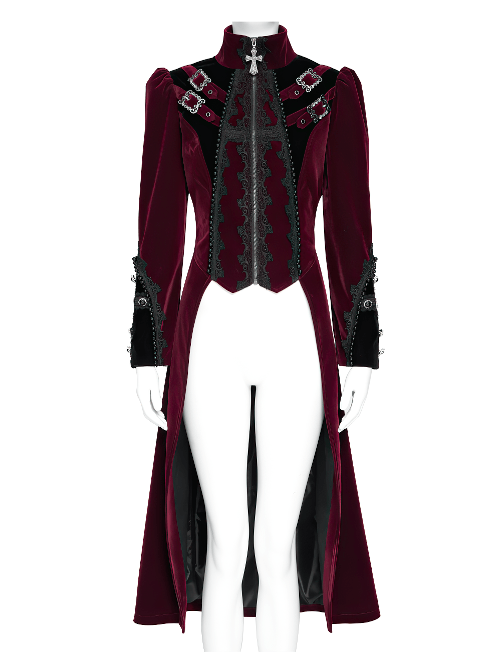 Elegant Victorian Burgundy Velvet Tailcoat with Lace