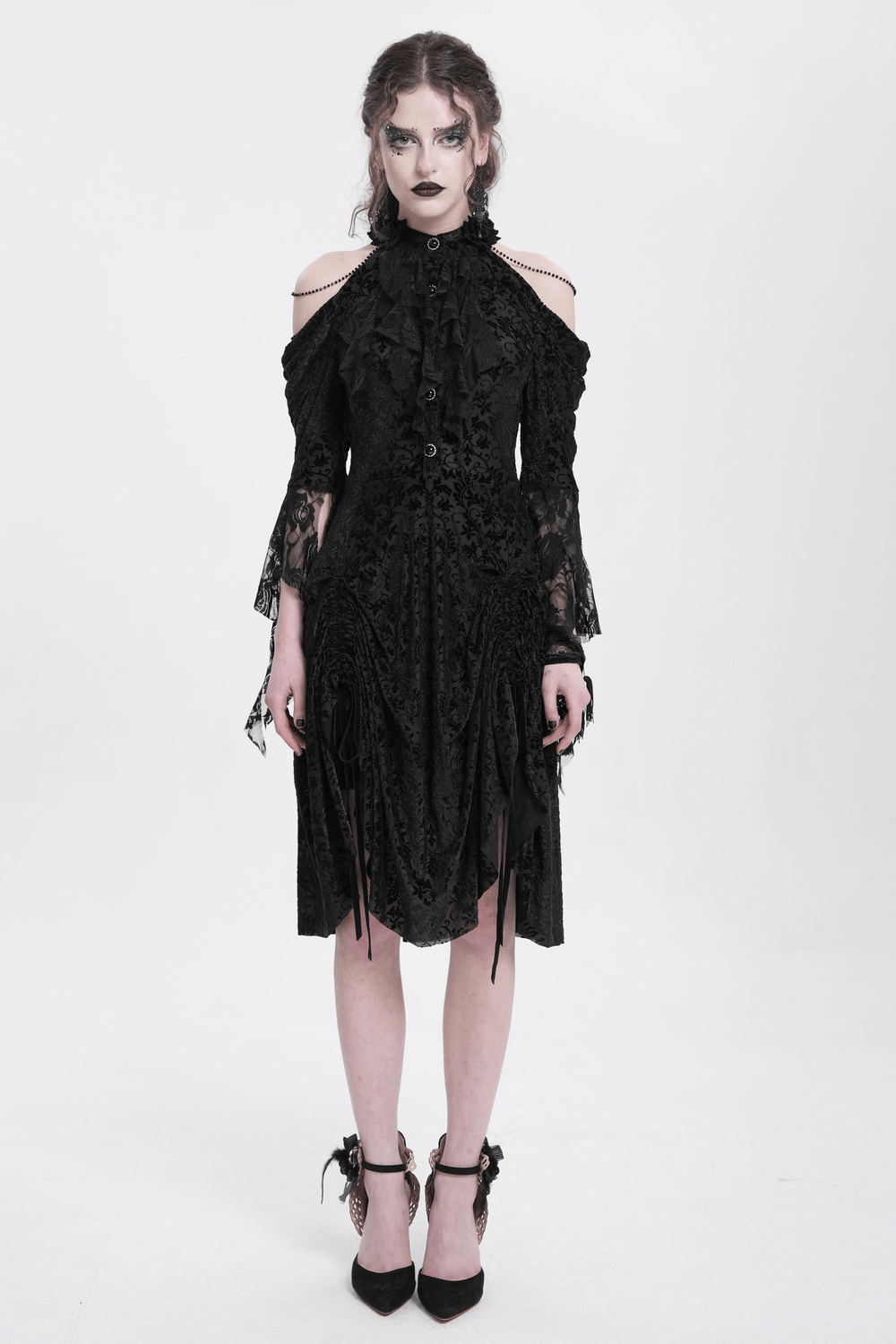 Elegant Victorian Lace Gothic Dress with Ruffle Details