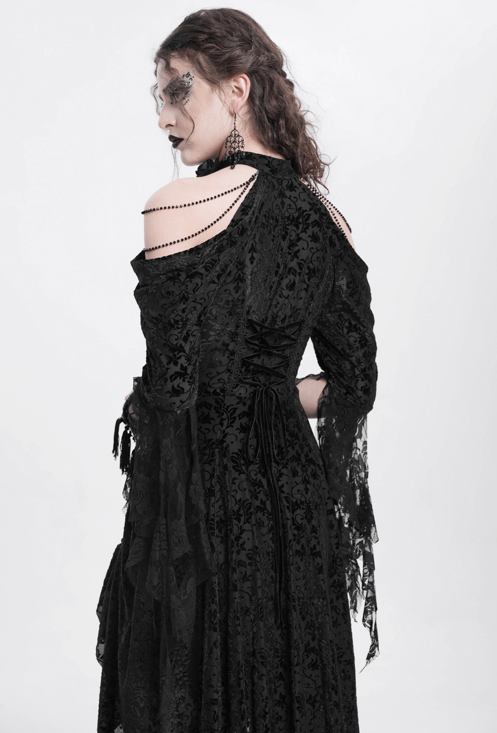 Elegant Victorian Lace Gothic Dress with Ruffle Details