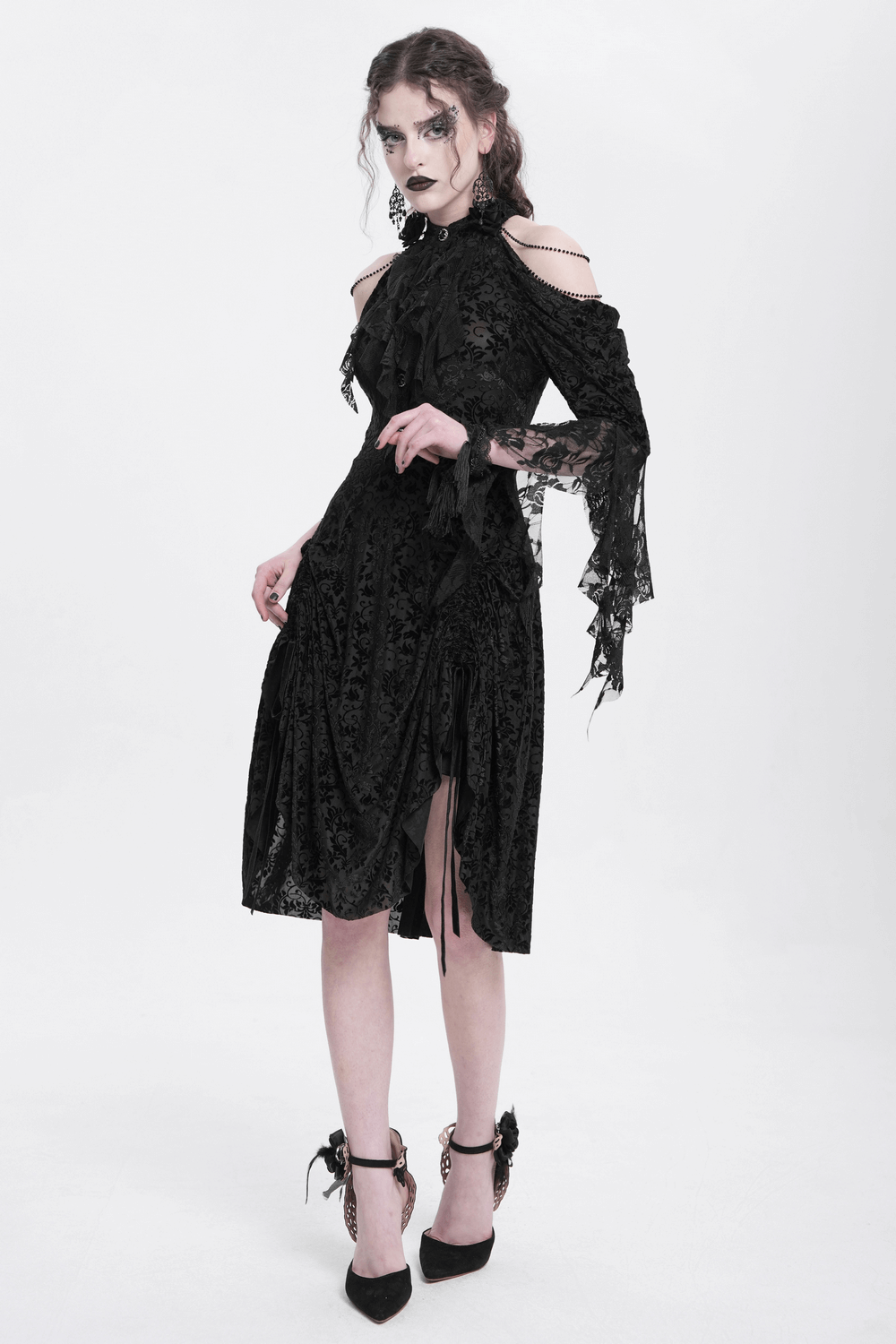 Elegant Victorian Lace Gothic Dress with Ruffle Details
