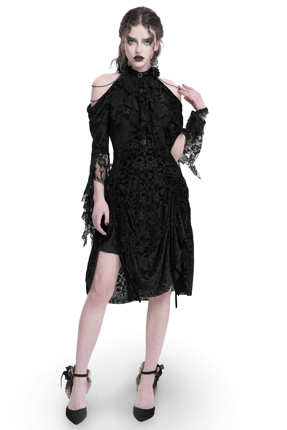 Elegant Victorian Lace Gothic Dress with Ruffle Details