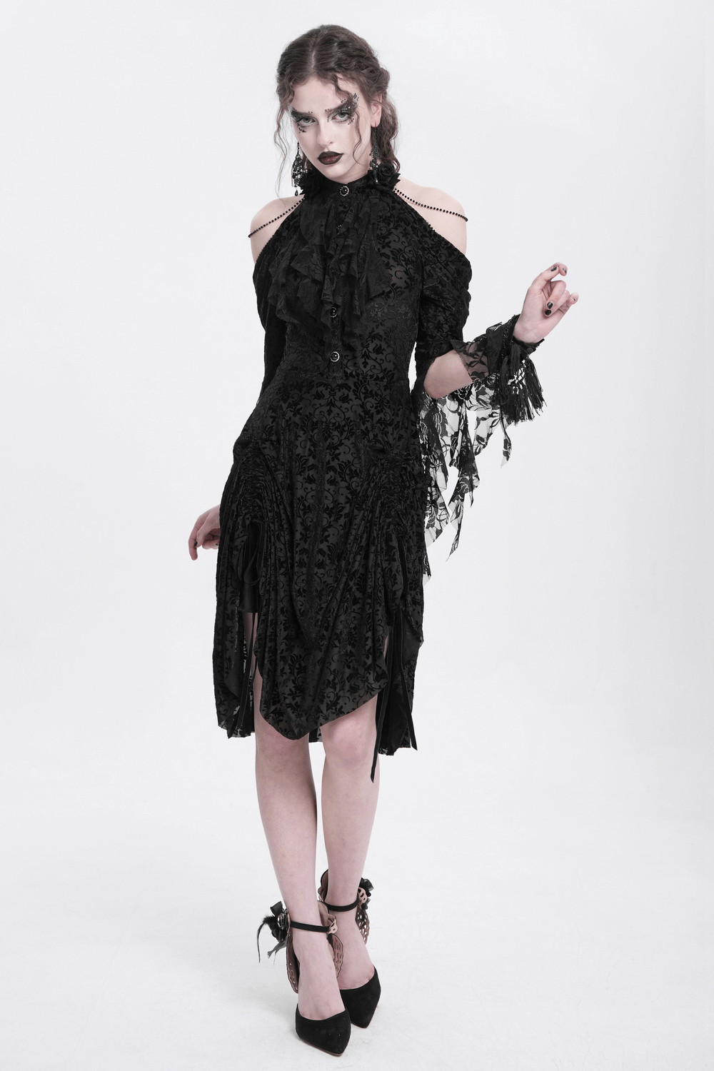 Elegant Victorian Lace Gothic Dress with Ruffle Details