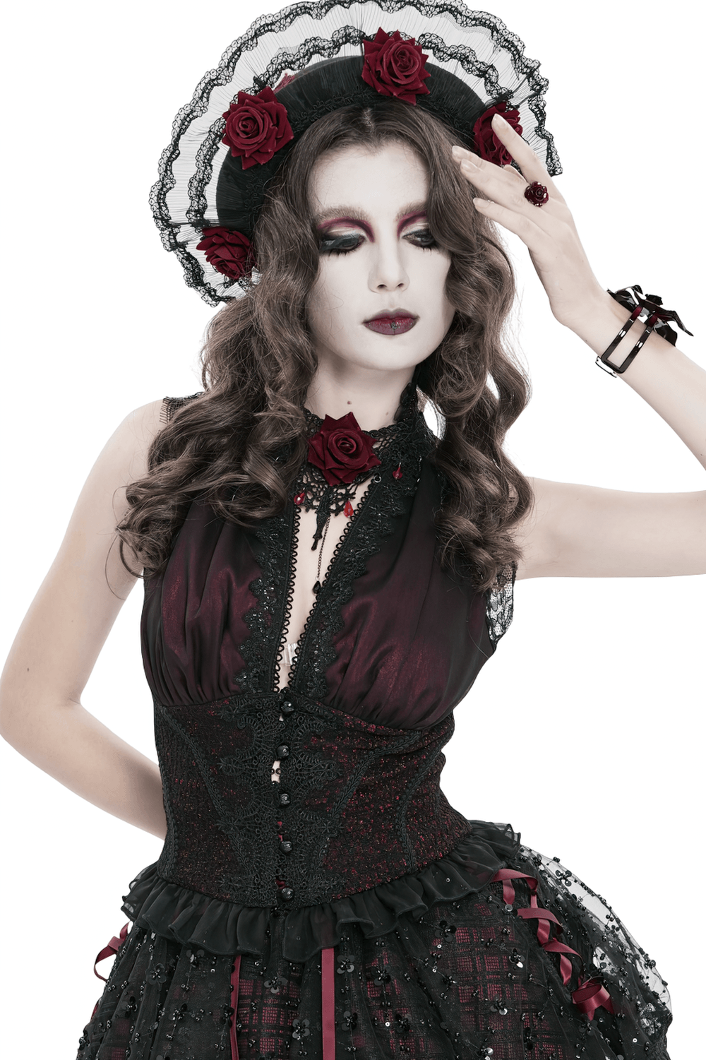 Elegant Victorian Lace Halter Corset Top with Ruffled Hem
