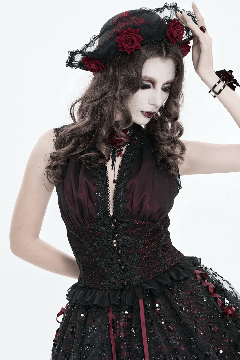 Elegant Victorian Lace Halter Corset Top with Ruffled Hem
