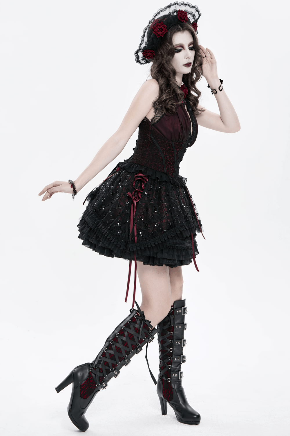 Elegant Victorian Lace Halter Corset Top with Ruffled Hem
