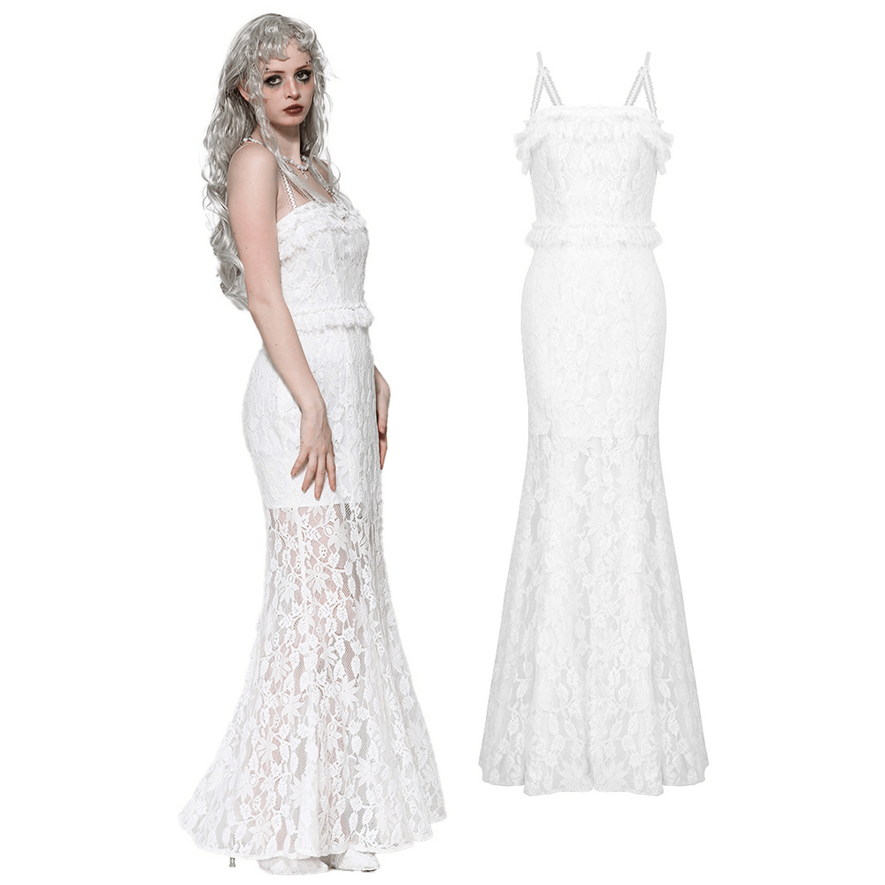 Elegant White Lace Mermaid Dress with Spaghetti Straps