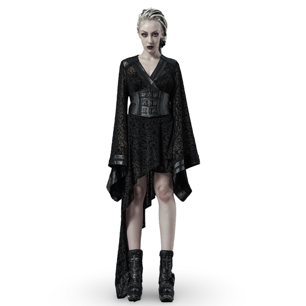 Embroidered Flocking Net Gothic Kimono Dress with Detachable Belt